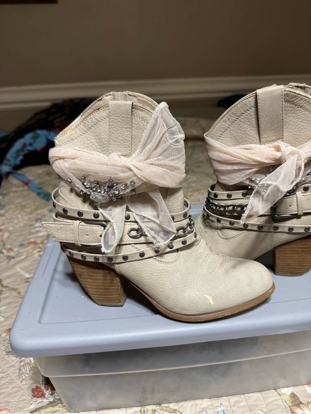 Not Rated Cream Ankle Boots with Studded Straps and Sheer Wraps